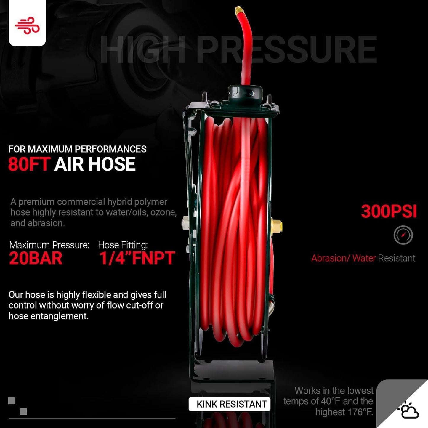 ReelWorks Industrial Retractable Air Hose Reel - 3/8" x 80' Ft, 300 PSI Max, 1/4" MNPT Connections, Single Arm Air Hose Reel