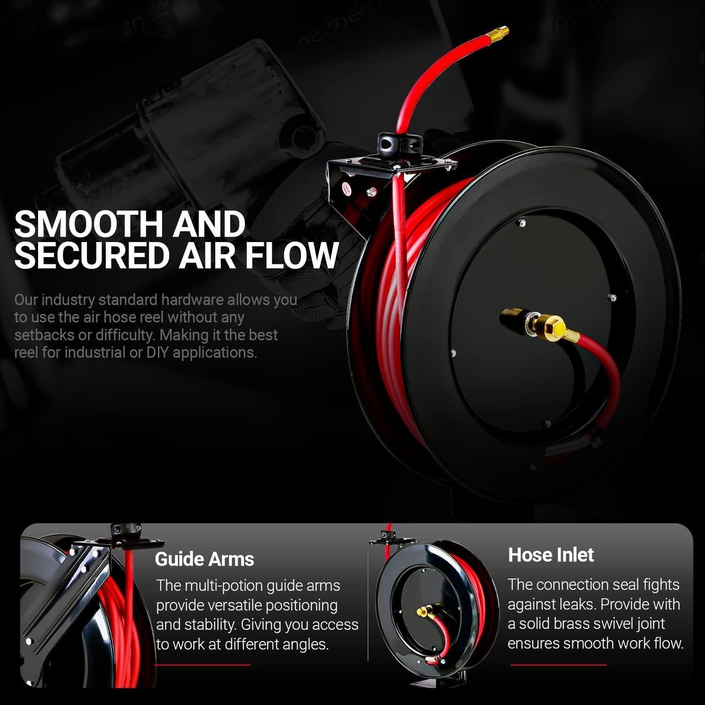 ReelWorks Industrial Retractable Air Hose Reel - 3/8" x 80' Ft, 300 PSI Max, 1/4" MNPT Connections, Single Arm Air Hose Reel