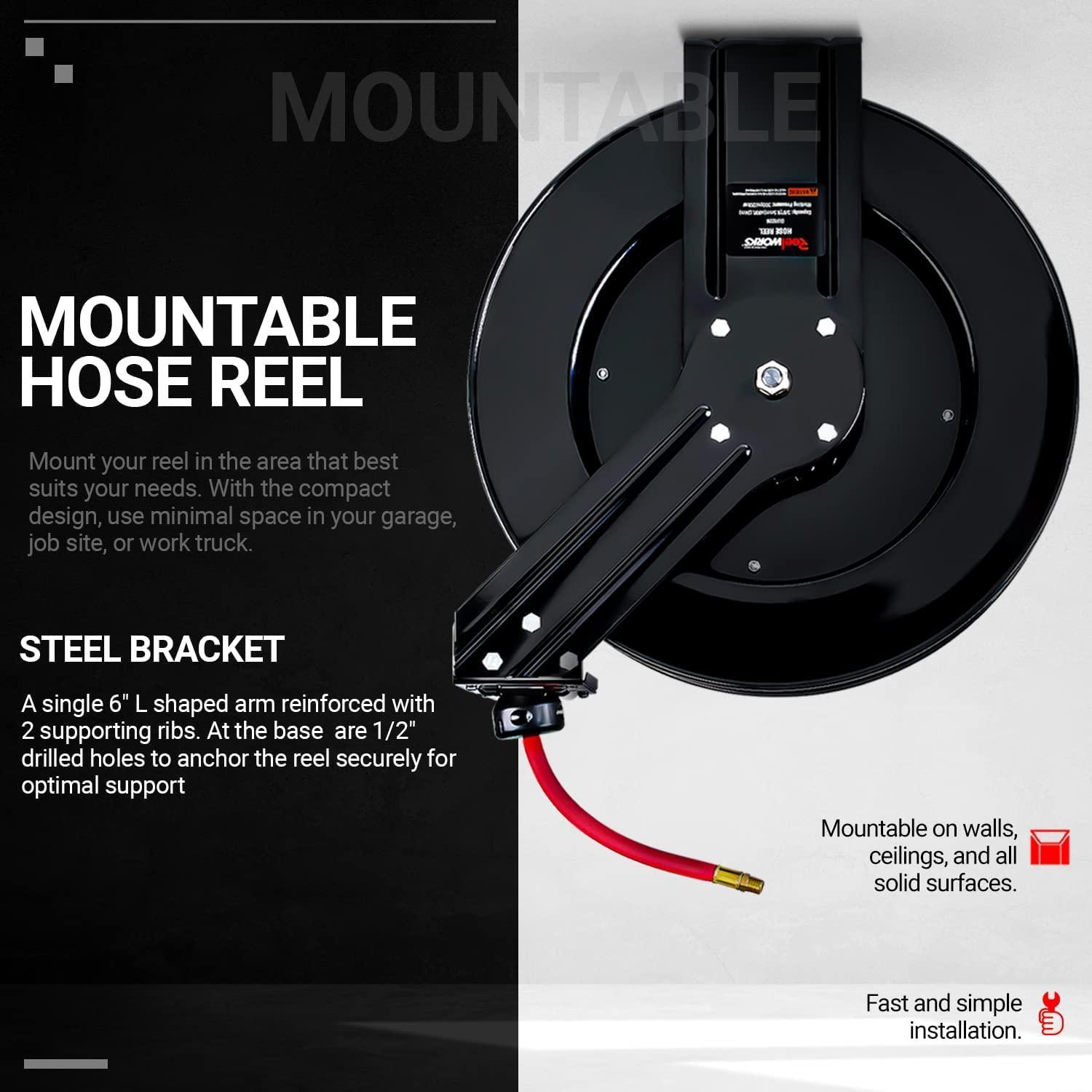 ReelWorks Industrial Retractable Air Hose Reel - 3/8" x 80' Ft, 300 PSI Max, 1/4" MNPT Connections, Single Arm Air Hose Reel