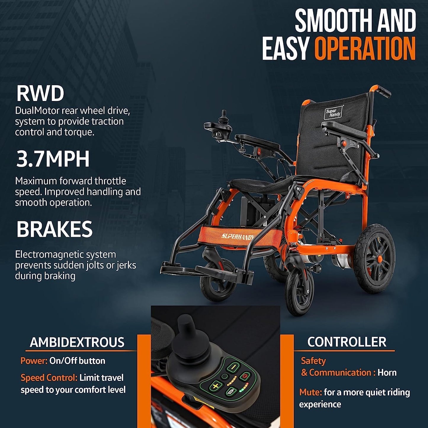 SuperHandy Lightweight Aluminum Electric Wheelchair - Foldable Design, Powerful 250W Brushless Motor, 4MPH Max Speed, 9 Degree Max Slope - Comfortable Hand Controls, Electromagnetic Braking Electric Wheelchair